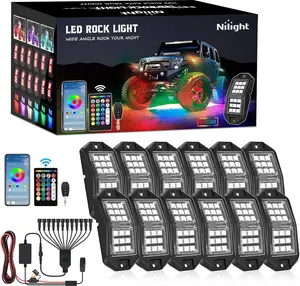 Nilight RGB LED Rock Lights Kit - 12 PCS 18LED Wide Angle Beam Wheel Well Underglow Neon Pod with Remote & Bluetooth App Dual Control, Strobe Light Module, Multi Modes Ambient Color for Offroad Vehicles