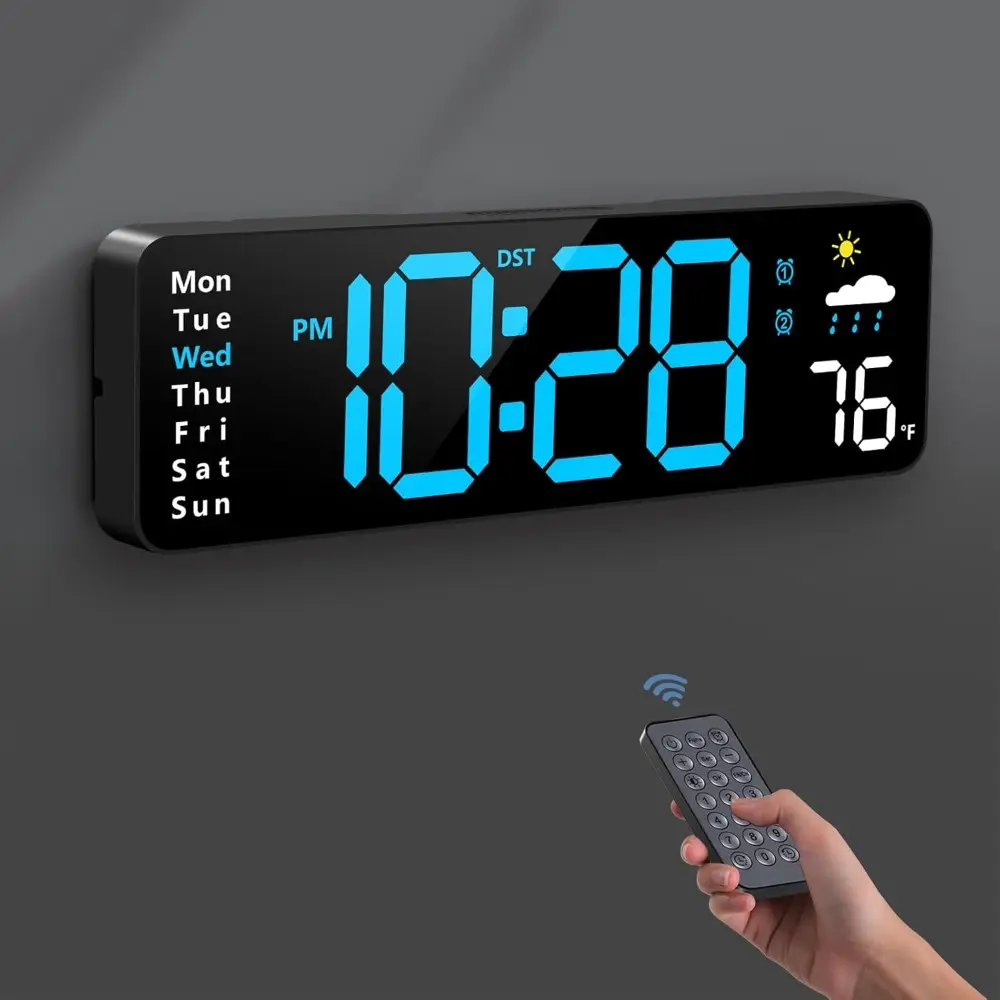 Digital Wall Clock with Large Display and Remote Control, LED Alarm Clock with Date, Week, Temperature, Humidity, Auto DST, Countdown - Multifunctional Alarm Clock for Living Room, Bedroom, Classroom, Office, Home Goods, Digital Clock Decor (Blue)