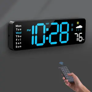 Digital Wall Clock, Digital Clock Large Display with Remote Control, Corded LED Alarm Clocks with Date, Week, Temp, Humidity, Auto DST, Countdown, Multifunctional Alarm Clock for Living Room Bedroom Classroom Office (Blue)