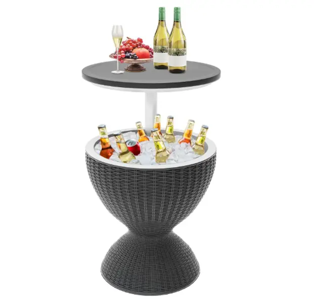 3-in-1 Rattan Height-Adjustable Outdoor Cooler Table - 8 Gal Beer Wine Cooler with Drainage Plug, Weather Resistant Patio Poolside Outdoor Cocktail Table for Pool Party, Patio Poolside Table, Weather Resistant Table Room Storage, Outdoor Cocktail Tables