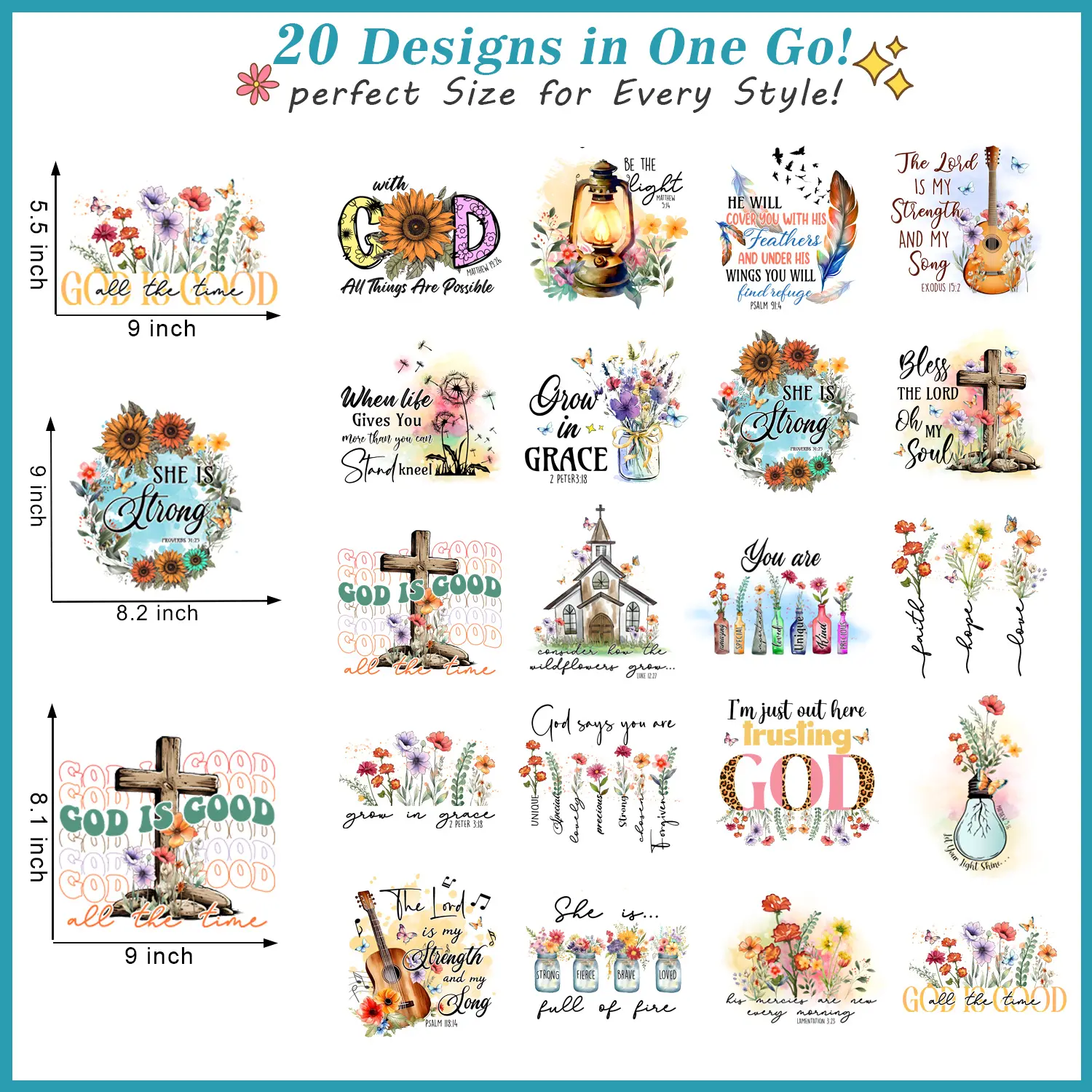 20 Sheets Iron on Transfers, CherryBlossom Christian DTF Transfers Ready to Press Heat Transfer Stickers Iron on Decals for T Shirts Hoodie DIY Crafts