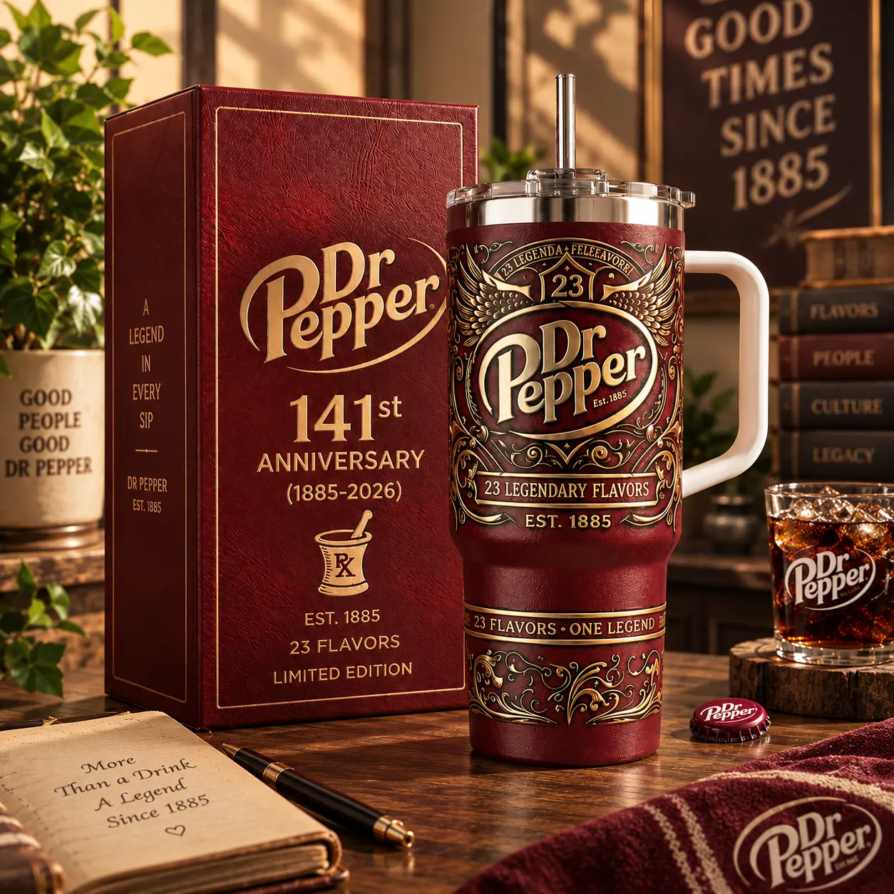 DrPepper 141st Anniversary 1885–2026 20oz 30oz 40oz Stainless Steel Tumbler with Handle & Straw – Retro Soda Insulated Travel Mug, Legendary Flavor Collector Cup, Limited Edition Fan Gift