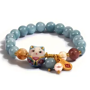 SHUJUAN Lucky Cat Bracelet with Blue Crystal, Ceramic Cat Pendant, Feng Shui Good Luck Jewelry for Women, Wealth & Protection Bracelet