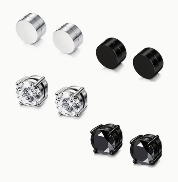 {Comfort Earrings} Magnetic Men's Perforated Ear Clips, Fashion Style Zircon Magnetic Ear Clips, Silver and Black Punk False Ear Clips