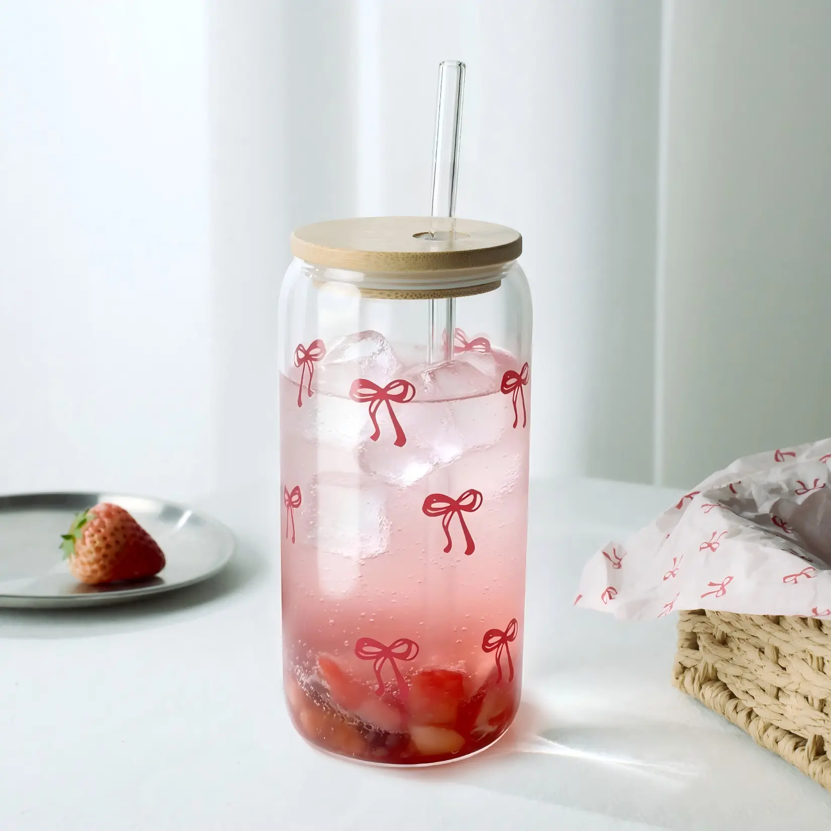 Coquette Cute Pink Bow Glass Cups with Lids and Straws, Aesthetic Iced Coffee Cup, Girly Preppy Design Tumbler Mug French Drinking Glasses Bow Cute Glass Cups, for Tea,Juice,Latte,Milk,Dessert,Stackable Glassware (pink bow) Mugs Glass Colorful