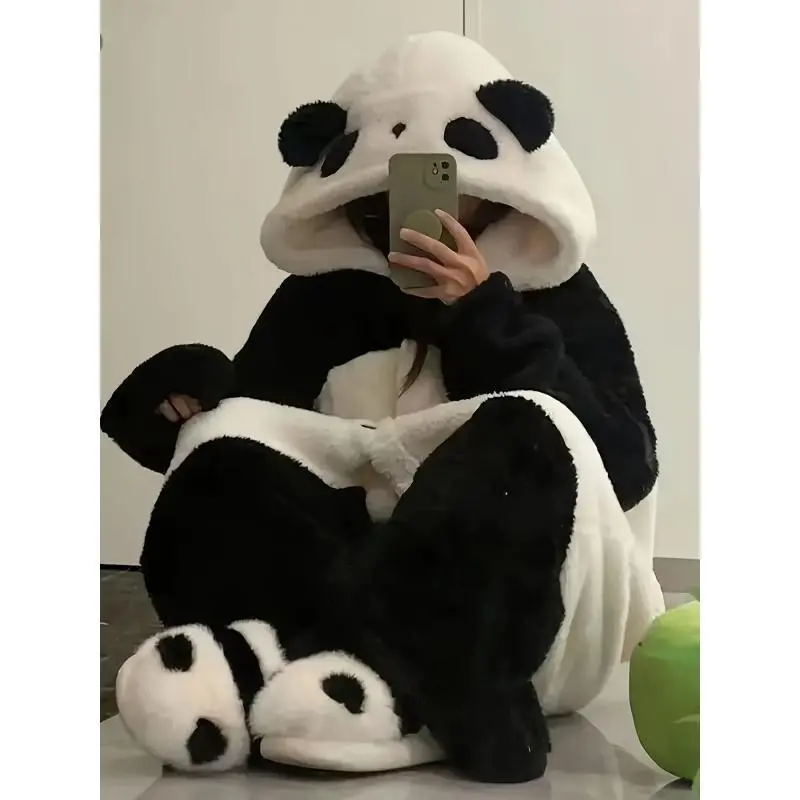 Women's Cute Panda Hoodie Pajama Onesies - 2026 1-Piece 100% Polyester Coral Fleece, Thick Plush Longsleeves, Cartoon Animal Costume, Versatile Home Wear, Sports Outerwear Loungewear Nightwear, Lady