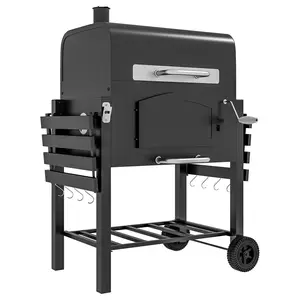 Outsunny Square Rotating Charcoal Combination Barbecue-Smokers with Adjustable Height, Folding Shelves, Thermometer, Bottle Opener, Wheels, Ash Rack - Portable BBQ for Outdoor Camping, Patio