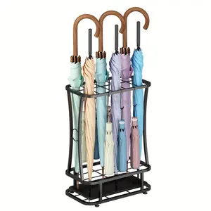 Outdoor Umbrella Stand — Metal Entryway Umbrella Holder, featuring a Removable Drip Tray and 6 Hooks; Industrial-Style Freestanding Umbrella Rack, Holds up to 10 Umbrellas — Black. shelf
