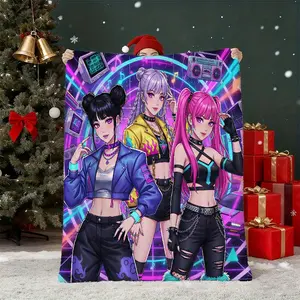 Vintage Neon KPOP Group Printed Flannel Blanket Soft Polyester for Bed Sofa Office Thick Farmhouse Style Suitable for All Seasons Camping Home Decor Easy Care Plush Texture Durable Fabric Comfy Warm