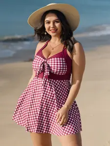 【Summer Turn-Up】【Tummy control】BlOOMCHIC Plus Size Gingham Print Color Contrast Swim Dress [M-6X] 2026 Summer Pick for Mother's Day