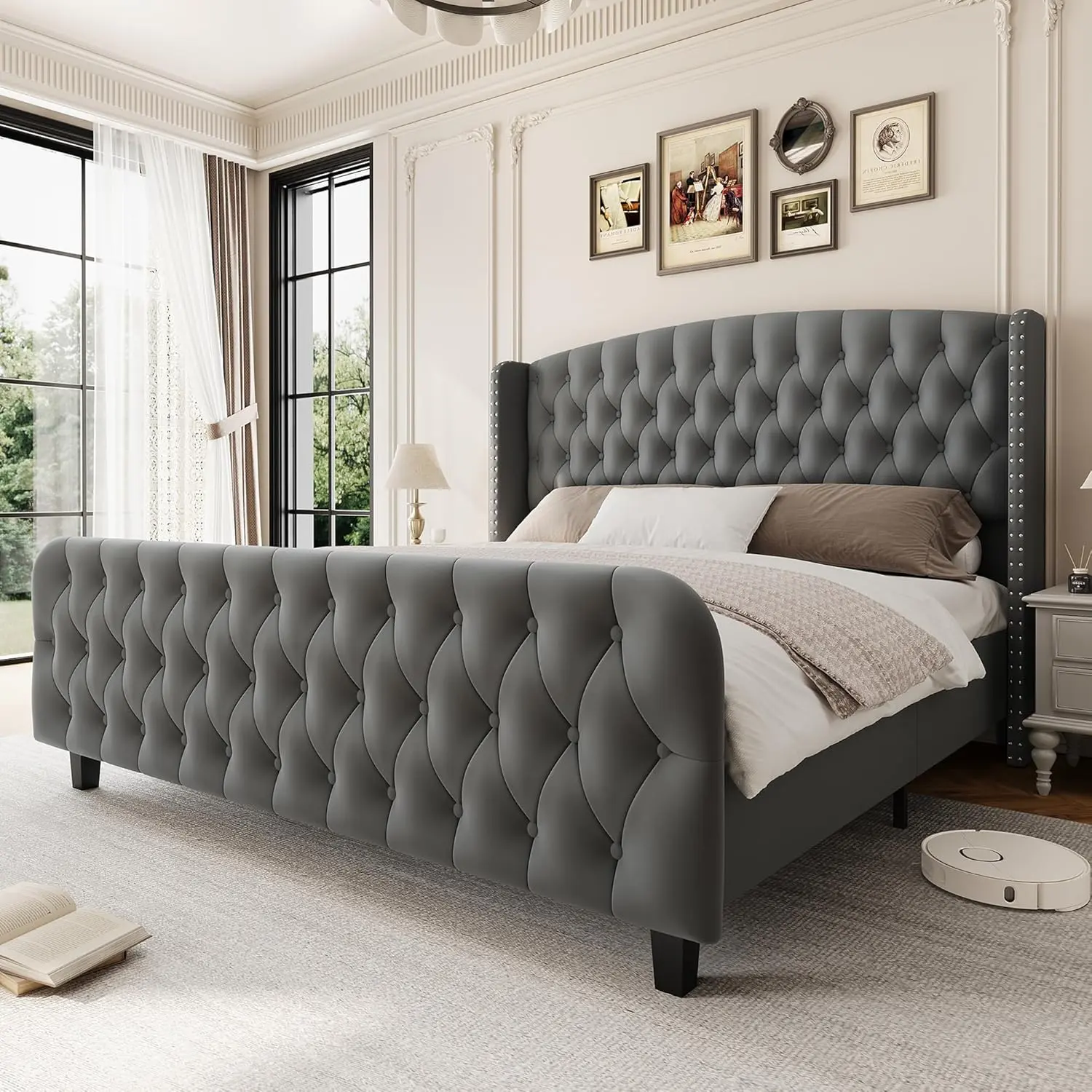 GAOMON 51" Tall Queen Size Contemporary Upholstered Velvet Platform Bed Frame - Silent, Stable, Durable, Space-Saving, Deep Button Tufted Wingback Headboard & Footboard, No Box Spring Needed, Easy Assembly, Grey, Contemporary Upholstered Bed, Bedroom Furn