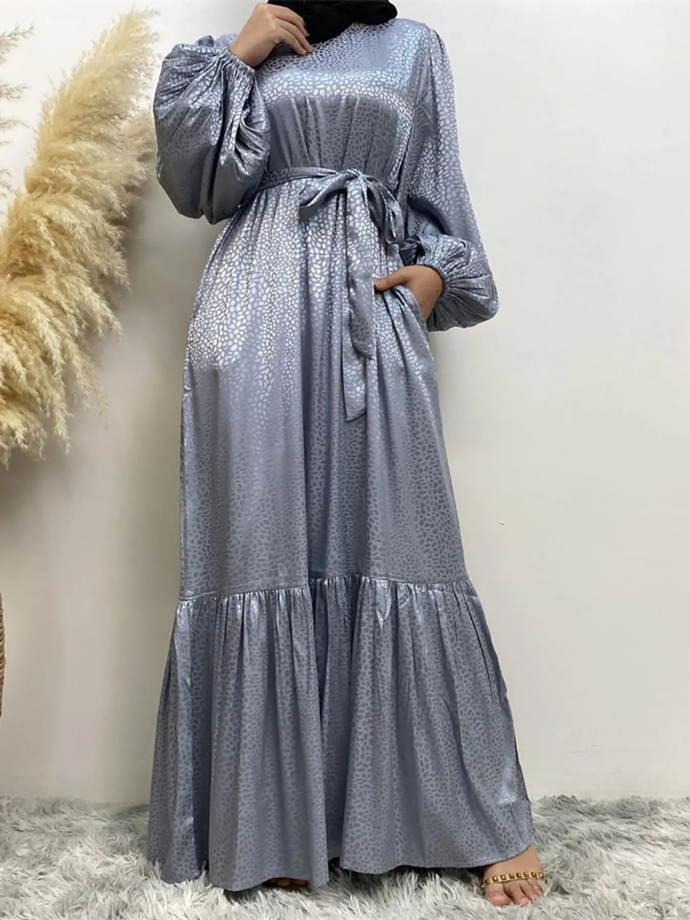 Women's Solid Belted Ruffle Hem Lantern Sleeve Maxi Length Dress, Modest Long Sleeve Round Neck A Line Dress for Party Wedding Guest, Ladies Summer Islamic Clothes, Modest Islamic Clothing