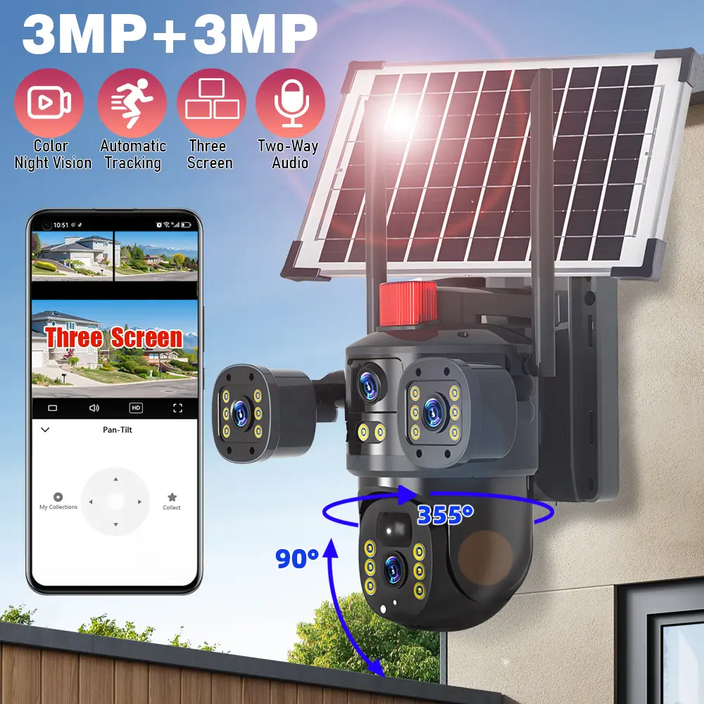 【Summerfinds】6MP Solar Security Camera Outdoor, Dual Lens PTZ WiFi Camera, 355° Pan 90° Tilt, PIR Human Detection, Color Night Vision, IP66 Waterproof, 8000mAh Battery, TF Card & Cloud