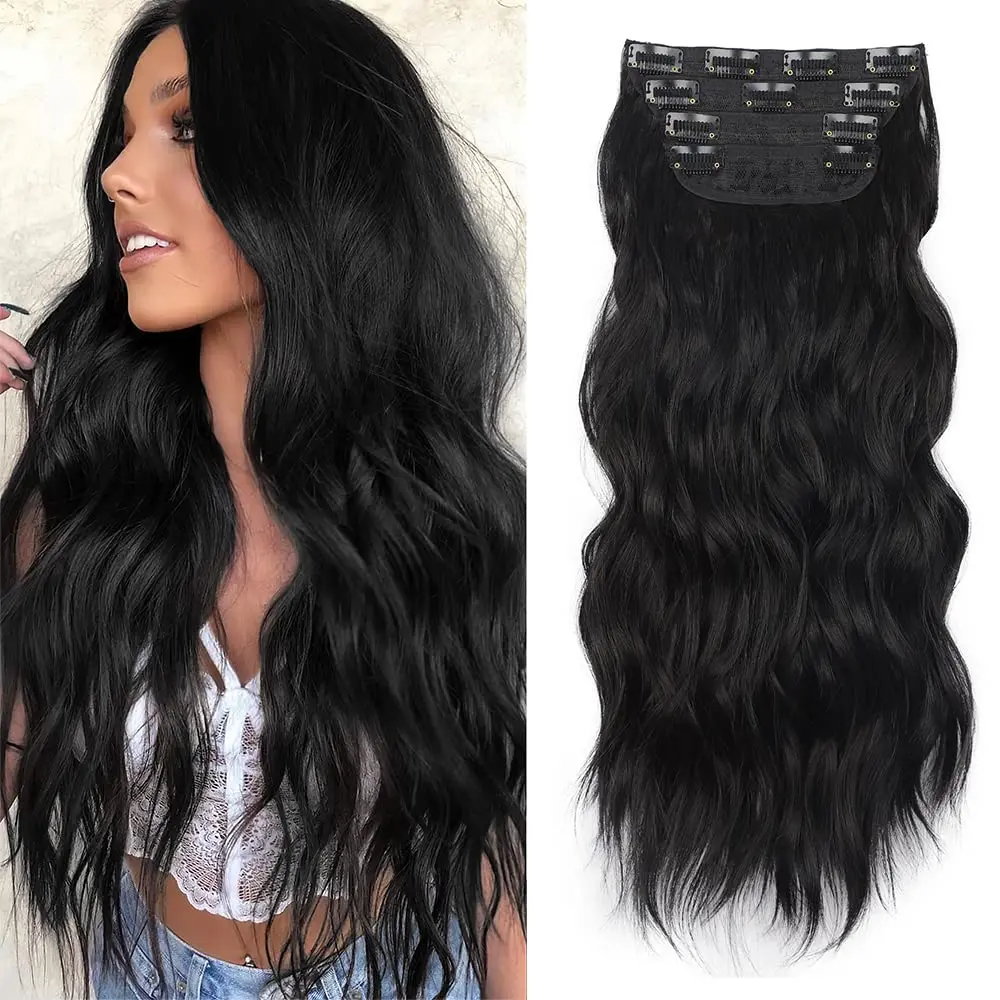 HMD Long clip hair extensions for Women, 4-Piece Straight Synthetic Set for Voluminous Hair, 20/24 Inch Thick Hairpieces, Body Wave, Synthetic Extensions & Pieces, Diy Extensions, 20Inch Straight Black