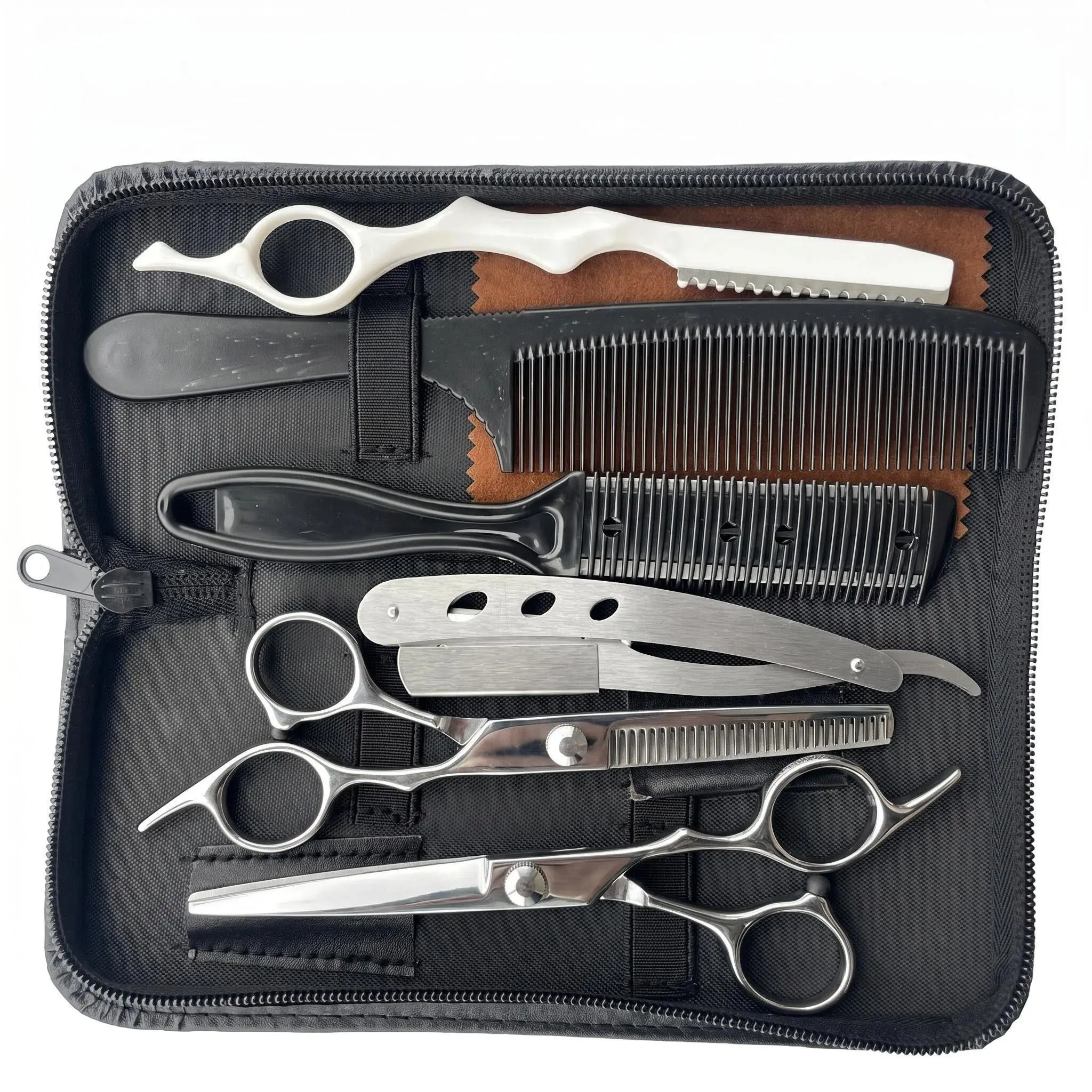 Professional Stainless Steel Hair Cutting Scissors Kit for Men - Smooth Haircare Barber Shears Set with Thinning Scissors, Straight Razor, Hair Comb, Texturizing Comb for Home Haircut, Beard Trimming (Great Gift Option)