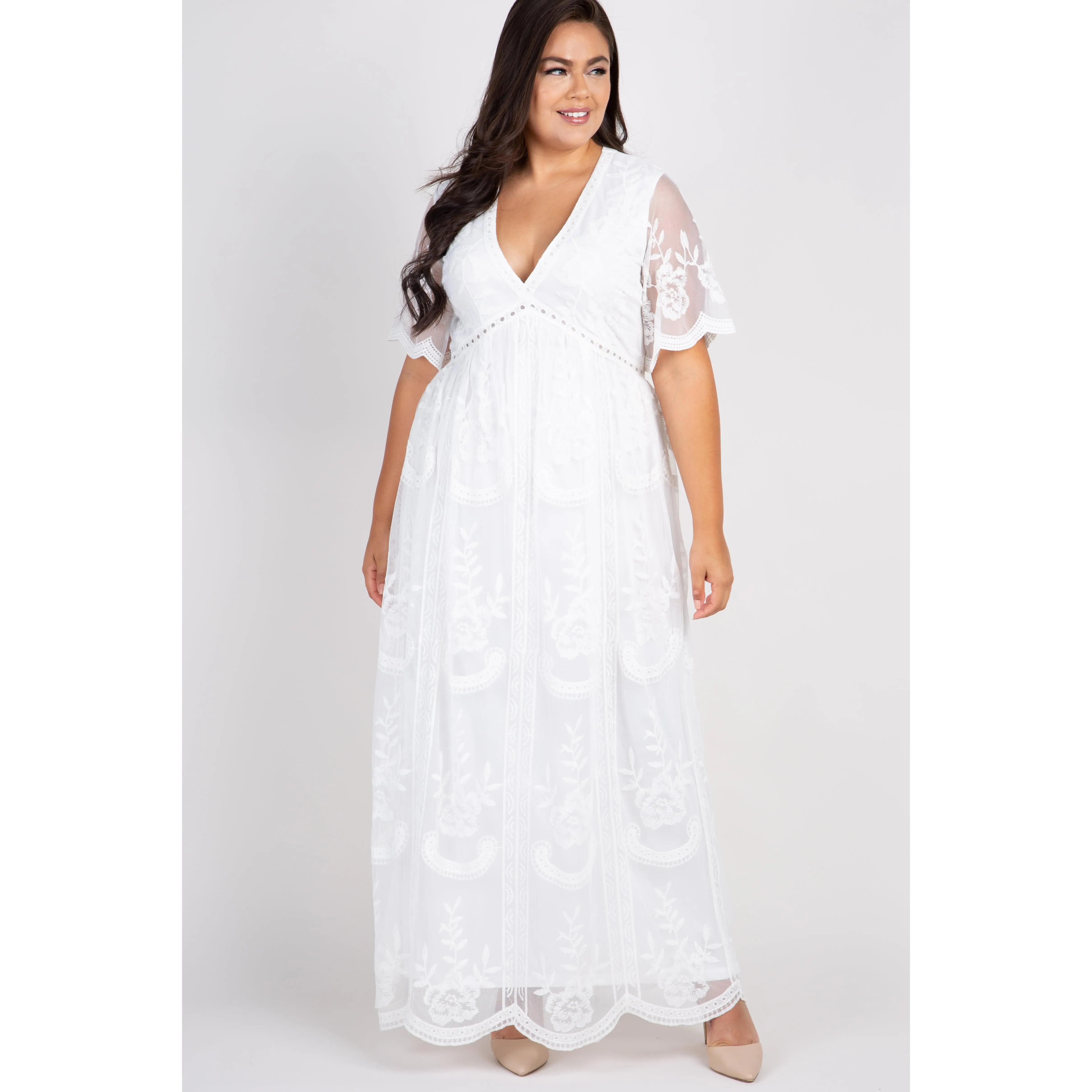 PinkBlush White Lace Mesh Overlay Plus Maxi Dress, Shortsleeve, Elegance, Floral