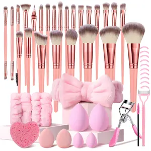 Portable Pink 39-Piece Makeup Brush Kit for Application - Includes 25Pcs Makeup Brushes for Foundation, Makeup Sponges, Wristbands, Headband, Finger Puffs, Cleaning Sponge, Eye Makeup Tools – Compact, Portable, and Perfect for On-the-Go Beauty