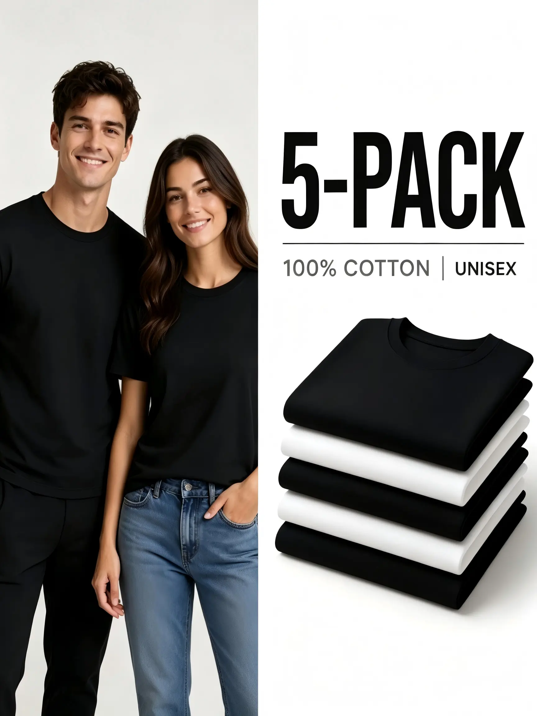Unisex 5-Pack Comfortable Cotton Crew Neck T-Shirts, Customizable Multi-Colors, Regular Fit 5XL Plus Size, Men Women Comfy Soft Casual Streetwear Tee Tops, Basic 180gsm Breathable Pack