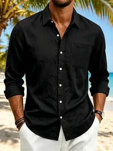 Men's Loose Fit Linen Shirt, Breathable Relaxed Fit Tropical Hawaiian Vacation Long Sleeve, Casual American Style, Summer Commute Top for Men