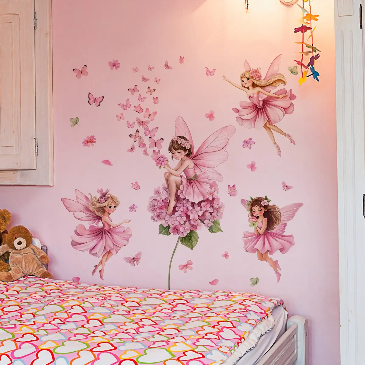 A set of 3 pieces (30*90cm*3pcs) pink butterfly fairy flower wall stickers for living room, bedroom, home background decoration, self-adhesive MS3301-YL