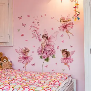 A set of 3 pieces (30*90cm*3pcs) pink butterfly fairy flower wall stickers for living room, bedroom, home background decoration, self-adhesive MS3301-YL
