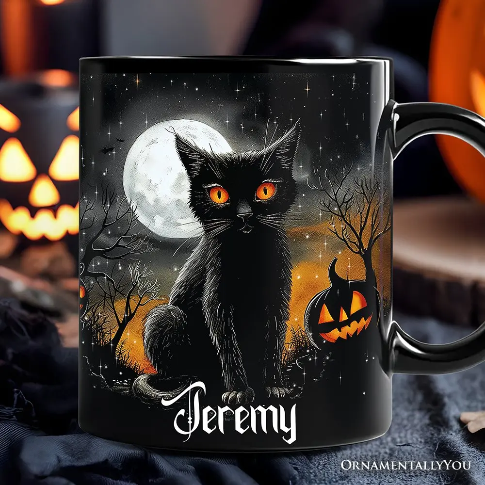 Cat Night Halloween Personalized Mug, Spooky Horror Gift with Custom Name