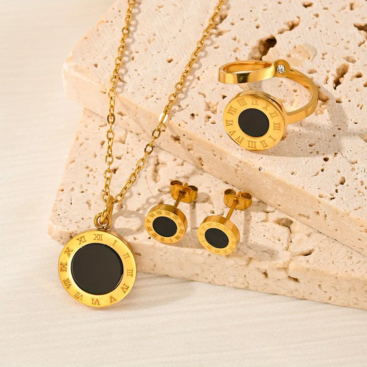 Women's 3-Piece 18 Karat Gold-Plated Stainless Steel Vintage Roman Numerals Jewelry Set - Black Circular Shape Necklace, Ring, Earrings - Ideal Gift for Anniversaries, Valentine's Day, Three Pieces