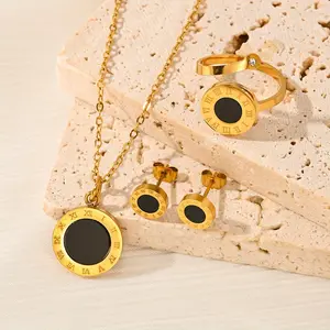 Women's 3-Piece 18 Karat Gold-Plated Stainless Steel Vintage Roman Numerals Jewelry Set - Black Circular Shape Necklace, Ring, Earrings - Ideal Gift for Anniversaries, Valentine's Day, Three Pieces,summervibes