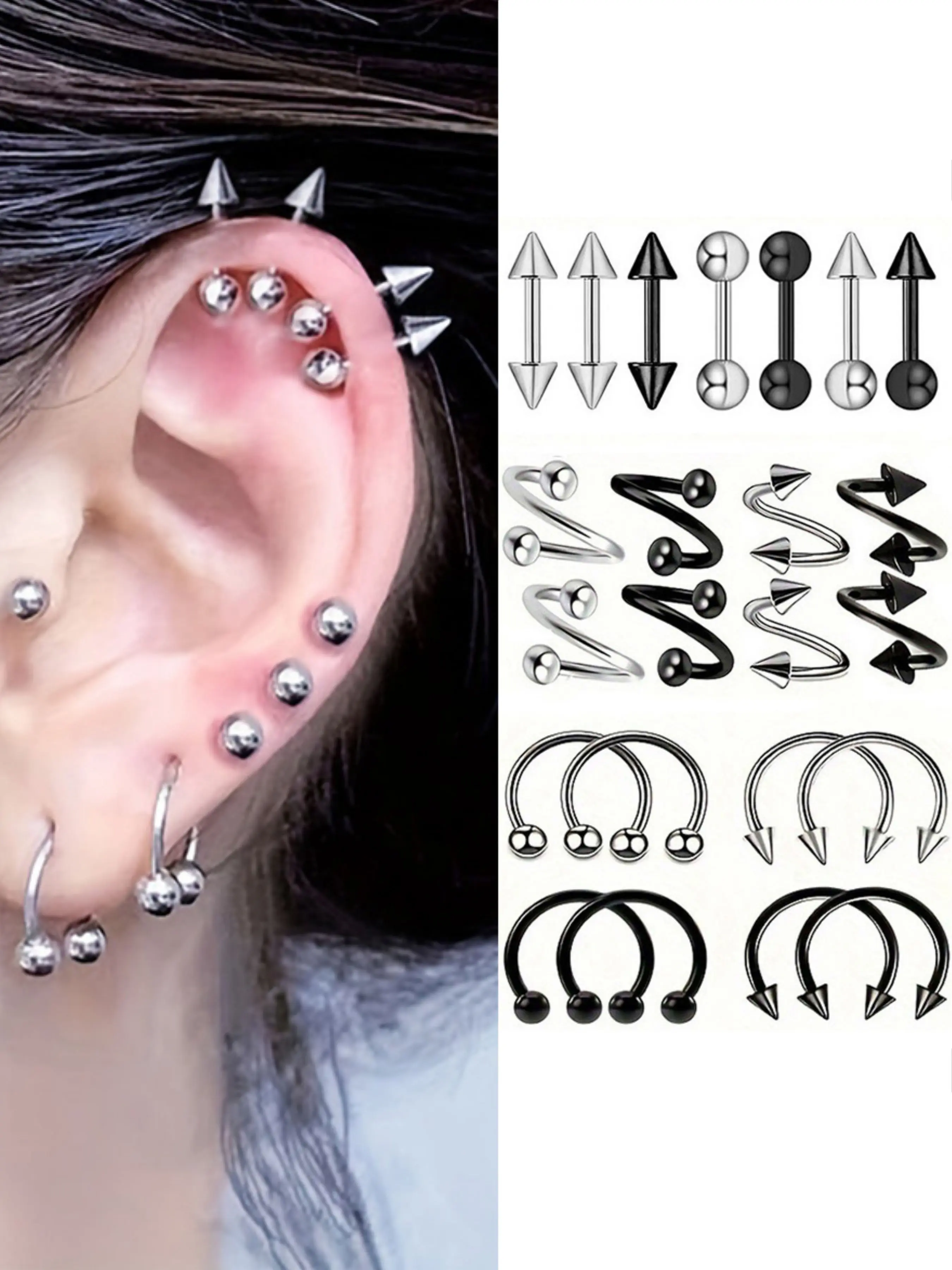 1 Pair Stainless Steel Spike/C- Shaped/Twisted S Stud Earrings For Men Women Punk Gothic Ear Cartilage Piercing Jewelry Punk Style Earrings