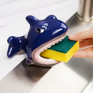NiHome Fun Shark-Shaped Ceramic Sponge Holder with Open Mouth for Kitchen and Bathroom, Durable Waterproof Ceramic for Sponges, Soap, Accessories, Easy-to-Clean Sink Organizer and Hygienic Storage