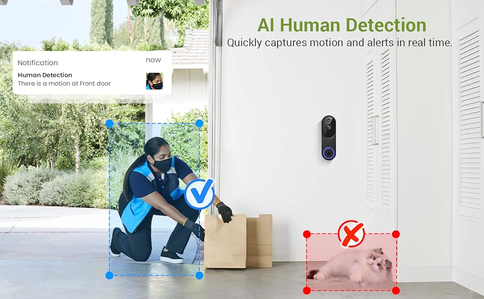 1080P Wireless Video Doorbell Camera, Outdoor Surveillance Cameras, FHD Live View, Cloud Storage, AI Human Detection, Instant Alert, Night Vision, Two Way Audio, 2.4G WiFi Only