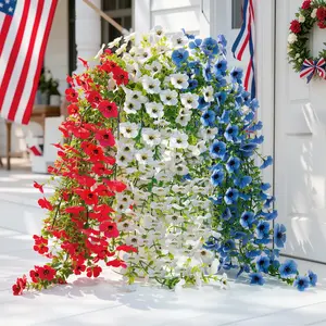 4th of July Artificial Fake Hanging Flowers, 6 Pcs Faux Silk Memorial Day Plants, 30'' Blue UV-Resistant Outdoors for Porch Patio Yard Decor