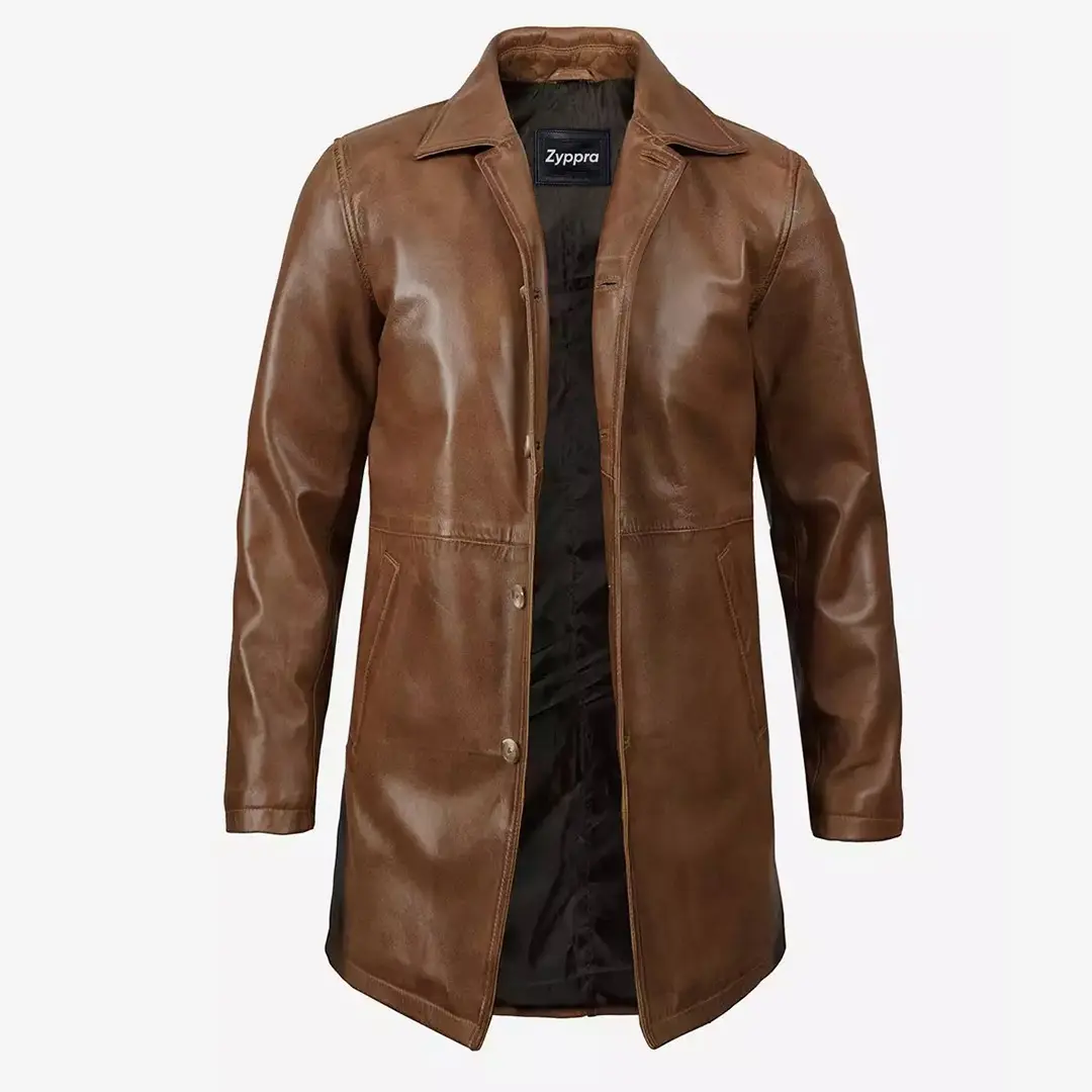 Mens Camel Brown 34 Length Leather Coat