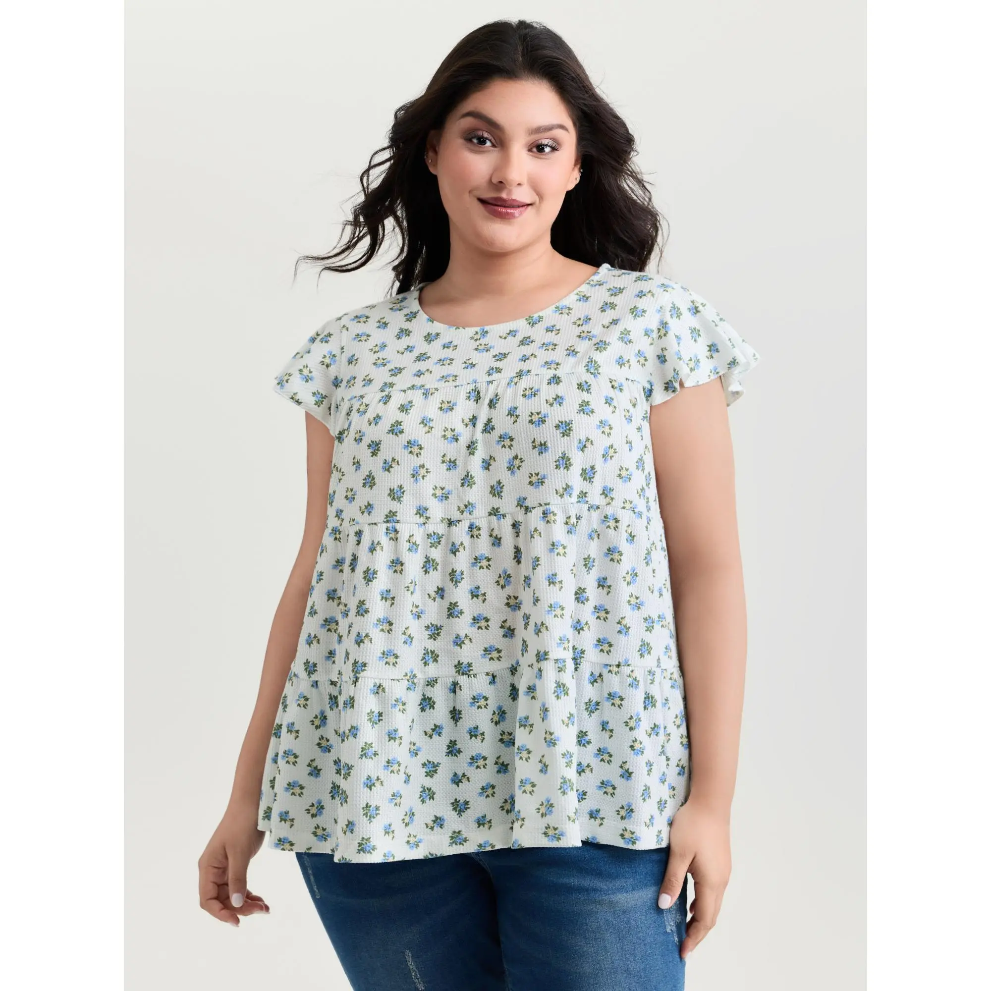 BloomChic Women's Plus Size Ditsy Floral Blouse with Ruffled Cap Sleeves, Tiered Design, and Simple Comfy Spandex Knit Fabric, Fit, Flowers, Polyester Blend, Round Neck, Regular Length, Breathable, Casual, Do Not Dry Clean, Garment, Everyday