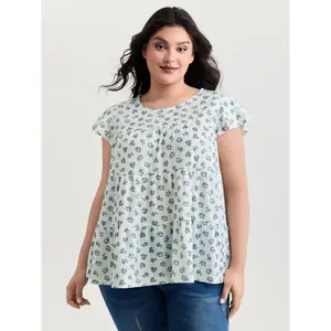 【Easter's Haul】【Arm Freedom】BlOOMCHIC Plus Floral Print Ruffled Sleeve Tiered Knit Top