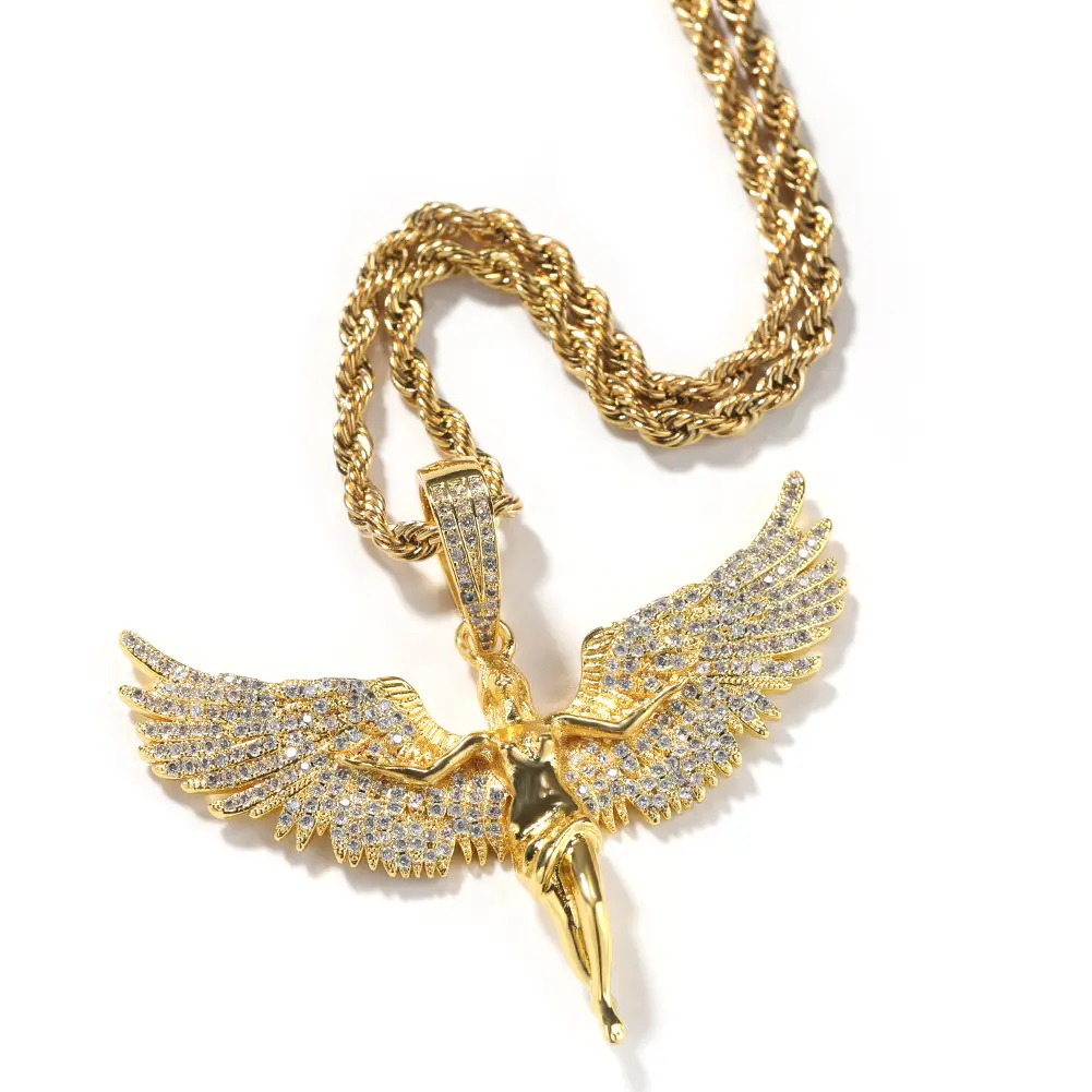 Wholesale Retro Neutral-Style Golden Artificial Gemstone Angel Wings Statement Gold Chain Necklace for Men - Cross-Border Fashion Accessory for Europe & US Rap Hip Hop Enthusiasts