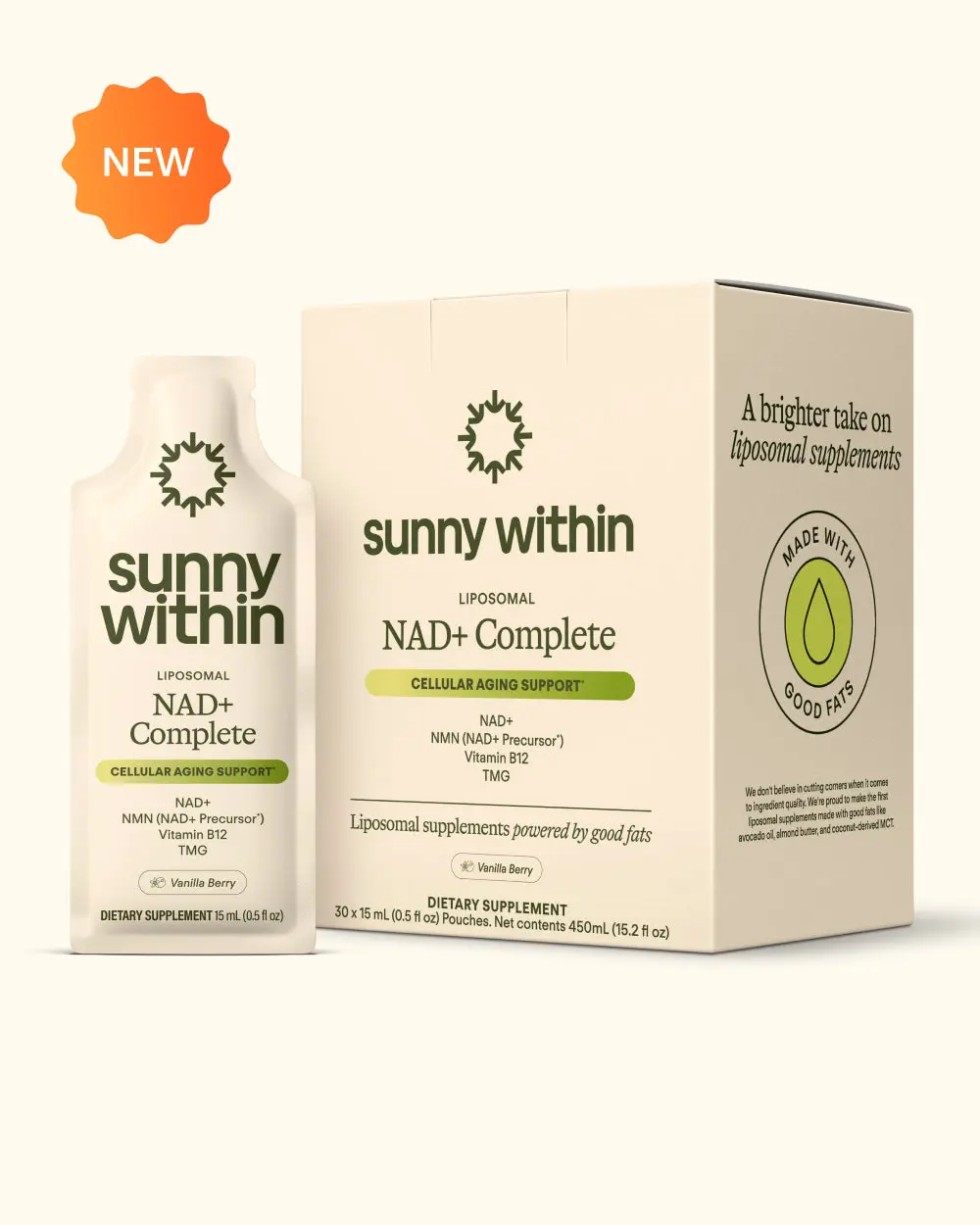 NAD+ Complete by Sunny Within - Vanilla Berry (30 Pouches) - the first complete NAD+ pathway formula with direct liposomal NAD+ and a clinically-studied dose of NMN, Vitamin B12, and TMG for cellular energy, skin health, and aging well