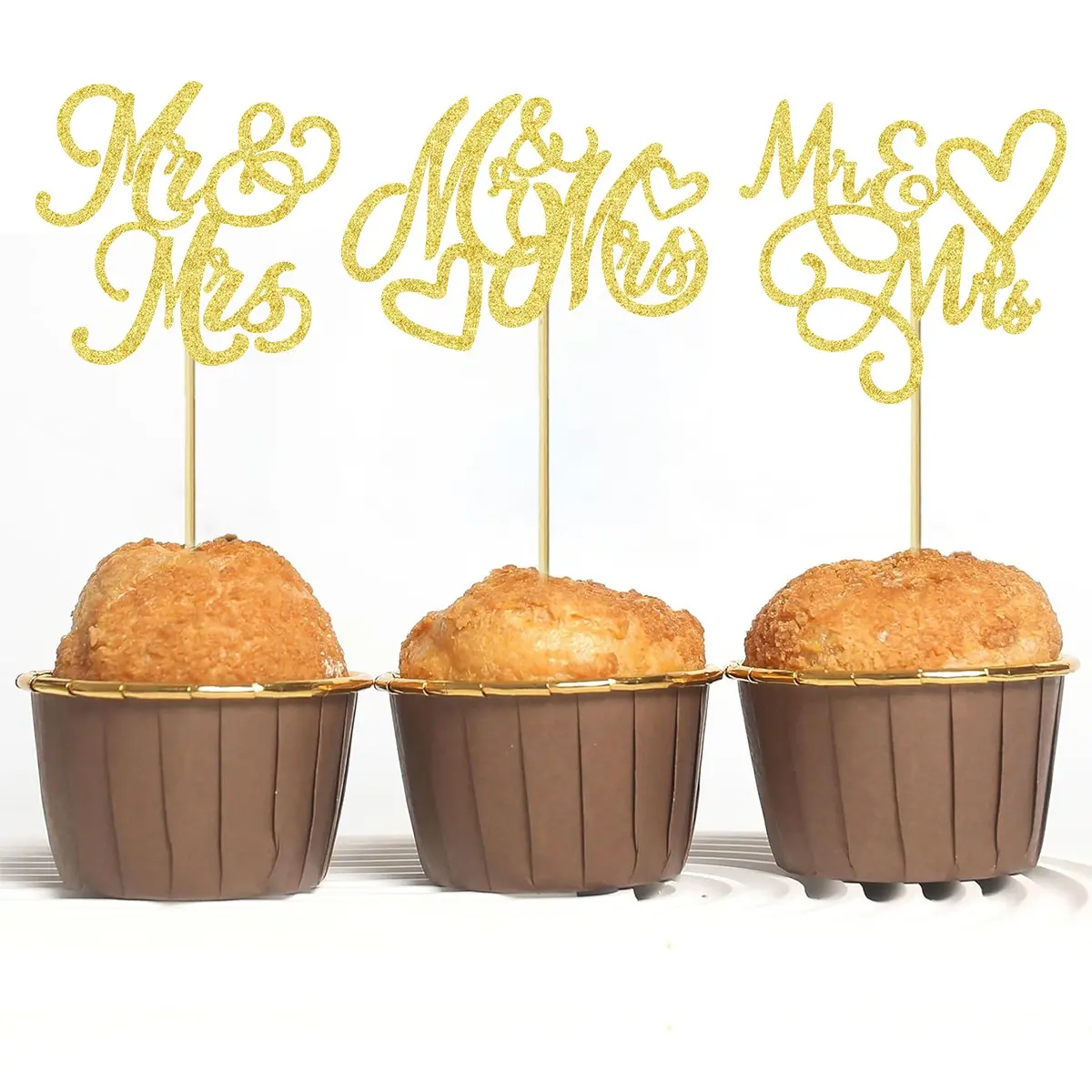 12/24 PCS Mr & Mrs Cupcake Toppers Glitter Love Heart Cupcake Picks Wedding Engagement Cake Decorations for Bridal Shower Theme Birthday Party Supplies Cake Decorating Supplies Ornaments Insert Sparkle Toppers