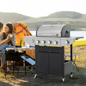 Propane Grill 4 Burner Barbecue Grill Stainless Steel Gas Grill with Side Burner, 46,500 BTU Outdoor Cooking, Patio, Garden Barbecue Grill, Black and Silver Heavy Duty Stove Bbq Cover fire pit outdoor Oil turkey frying side shelf