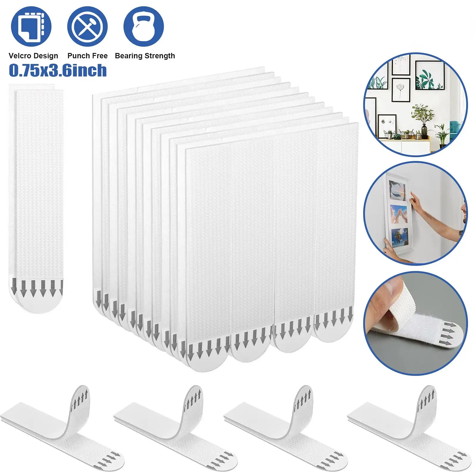 Velcro Design Large Picture Hanging Strips Heavy Duty Sticky Picture Hangers for Walls 0.75x3.6inch Punch Free Damage Free No Nails Refill Adhesive Poster Frame Mounting