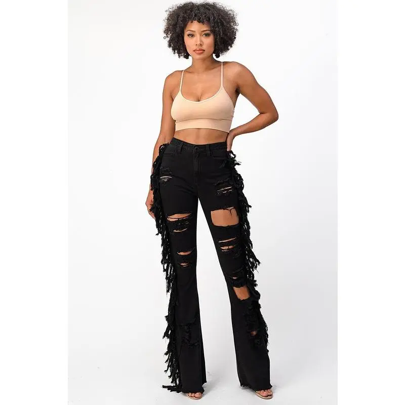 Black High Rise Flare Tassel Jeans
