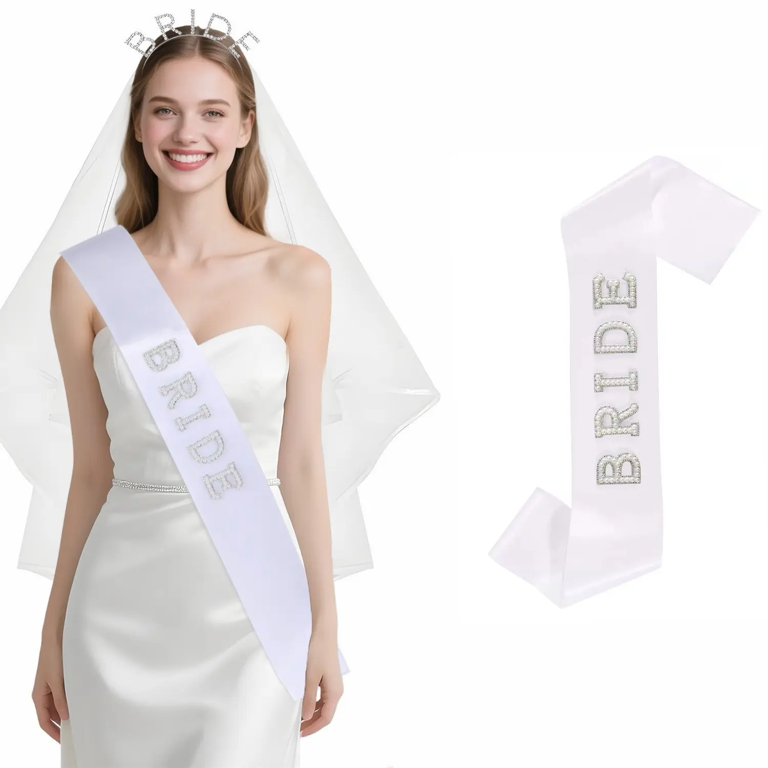 Bride Pearl Sash Set, Perfect for Bride Photoshoot Props, Singles Party Decor, Party Accessory, Wedding Gift, Bridal Accessories, Elegant Bridal