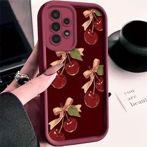 Wine Red Sweetheart Cherry Bow Pattern Case for Samsung Galaxy S26 S24 Plus S25 S23 S22 S21 Ultra FE S24+ Note20 A54 A53 A52 A36 A35 A34 A33 A17 A16 A15 A14 A13 Patterned Soft TPU Full Camera lens Protection  Phone Cover Gift 2D printing