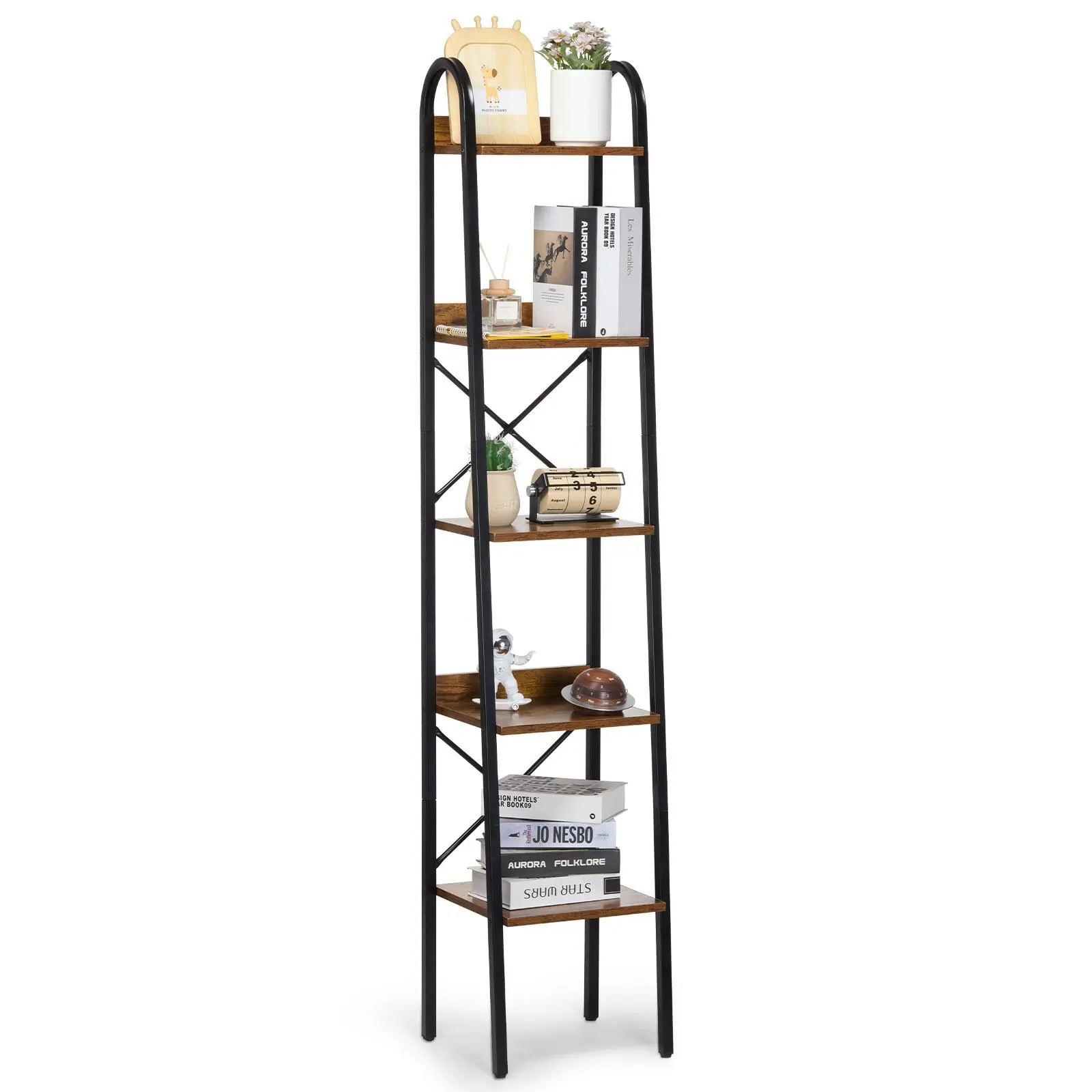 VEVOR Metal Bookshelf,  5-Tier Industrial Bookshelf, Tall Narrow Rustic Vintage Storage Bookcase with Open Shelves, Freestanding Display Shelving Unit Storage Rack, for Living room, Bedroom & Office