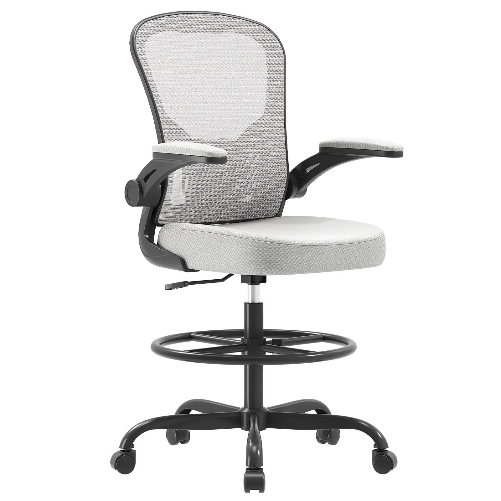Synorla Ergonomic Mesh Drafting Chair - Tall Ergonomic Office Chair with Flip-Up Adjustable Arms, 9" Max Seat Height, Lumbar & Healthy Posture Support, 3D Mesh Fabric, Adjustable Footrest Ring, Pentagon Base for Standing Desk, Home Office Use, Sturdy