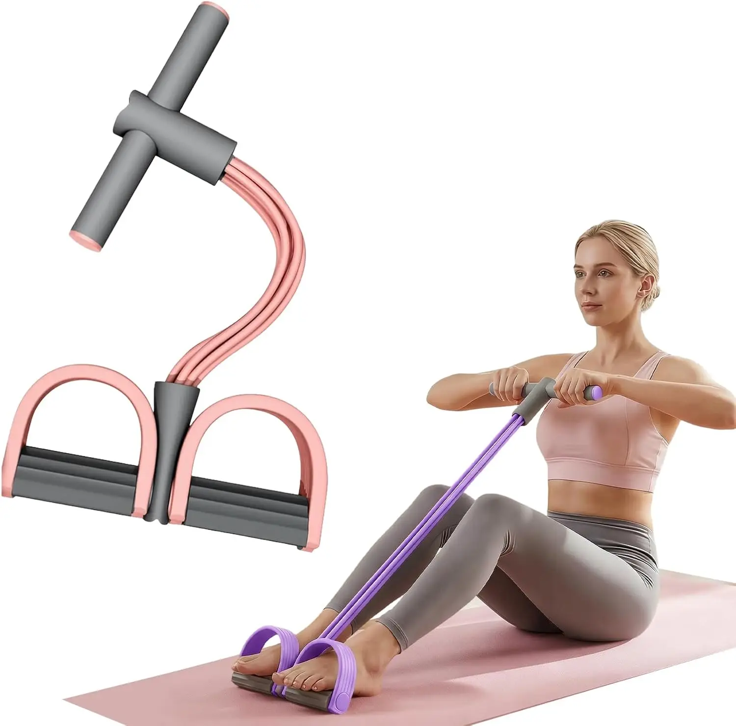 Foot Pedal Resistance Band with Handle, 4-Tube Latex Sit-Up Pull Rope Fitness Trainer for Home Workout, Resistance Band for Abs, Waist, Arms & Legs