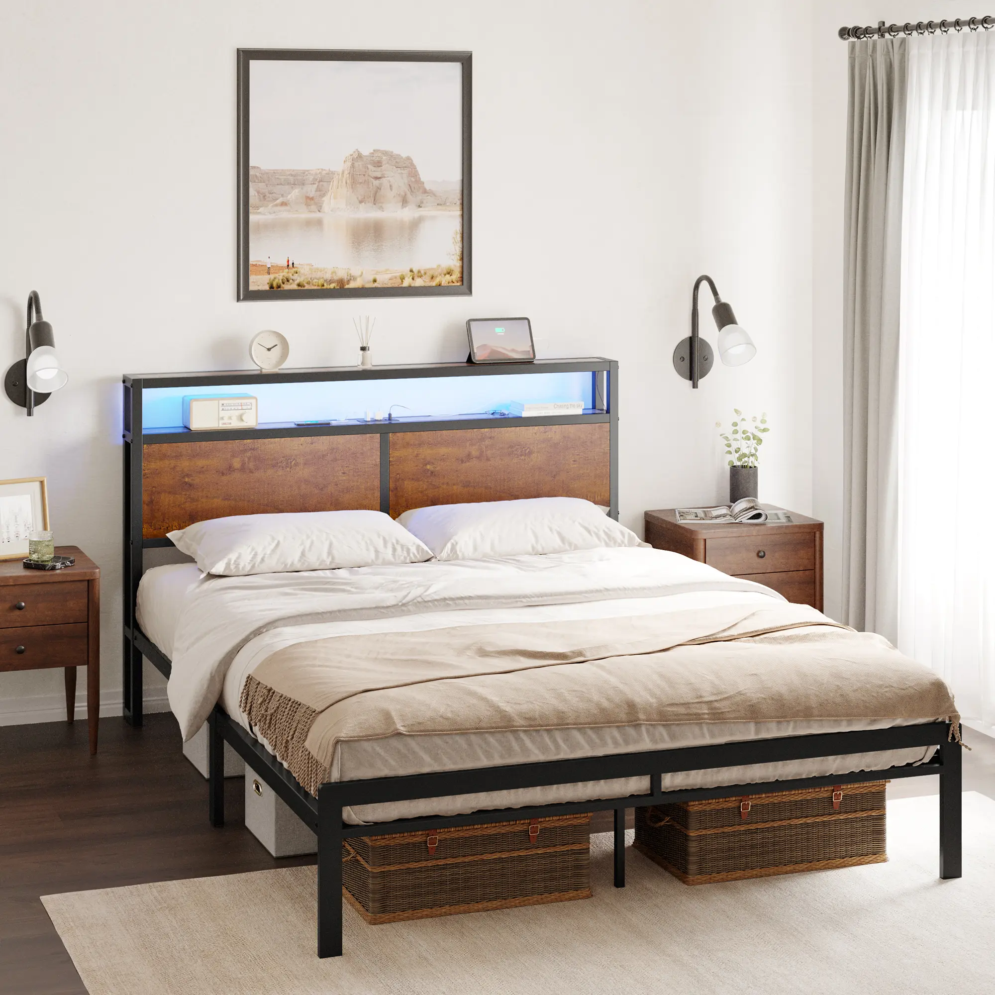 Metal Bed Frame with Headboard (Headboard with Outlets), Footboard, Built-in Charging Station, and Included LED Light