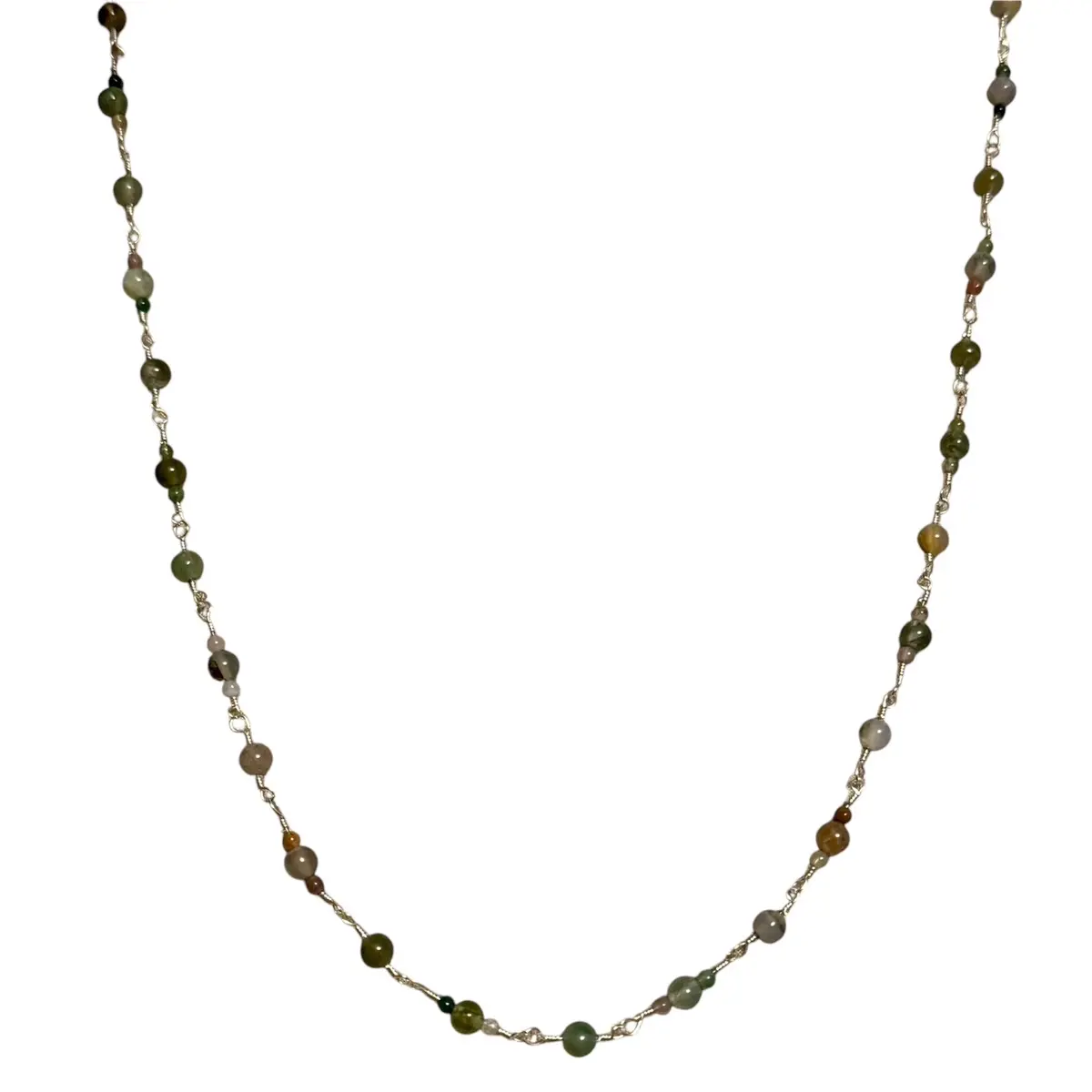 26” Handcrafted Indian Agate Necklace – Wire-Wrapped with Sterling Silver Clasp, Natural Gemstone Jewelry