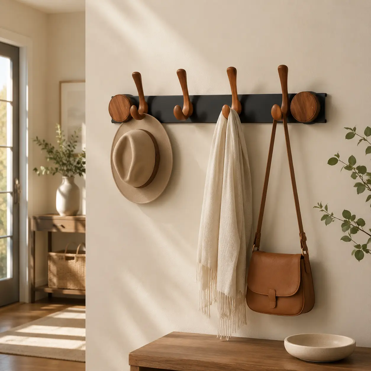Walnut Wood Door Back Hook, Large Wooden Clothes Backpack Hat Bag Holder, Wall Mounted Fixed Bathroom Hanger, Entryway Hanging Rack