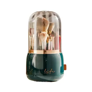 Rotating Makeup Organizer with Cover - 7-Slot Acrylic Bathroom Countertop Organizer, Dustproof Vanity Storage for Makeup Brushes, Electric Toothbrush & Toothpaste, Perfect Christmas Gift (Dark Green)